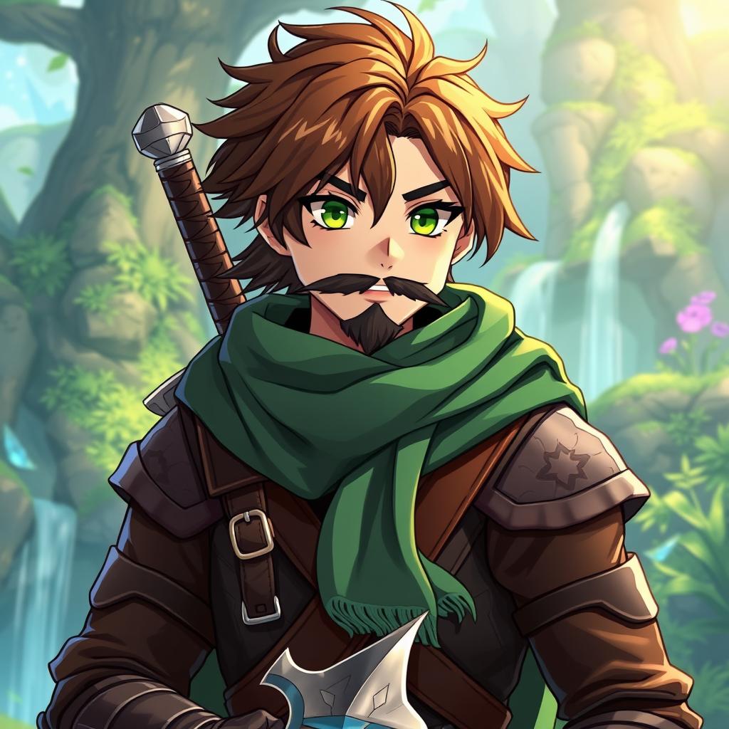 An anime-style fantasy fighter, showcasing a male character with striking green eyes and warm brown hair, complemented by a kind-looking black beard