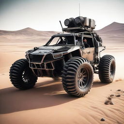 An armored buggy, designed in the style of a sports car, is tearing through a desert landscape at full speed