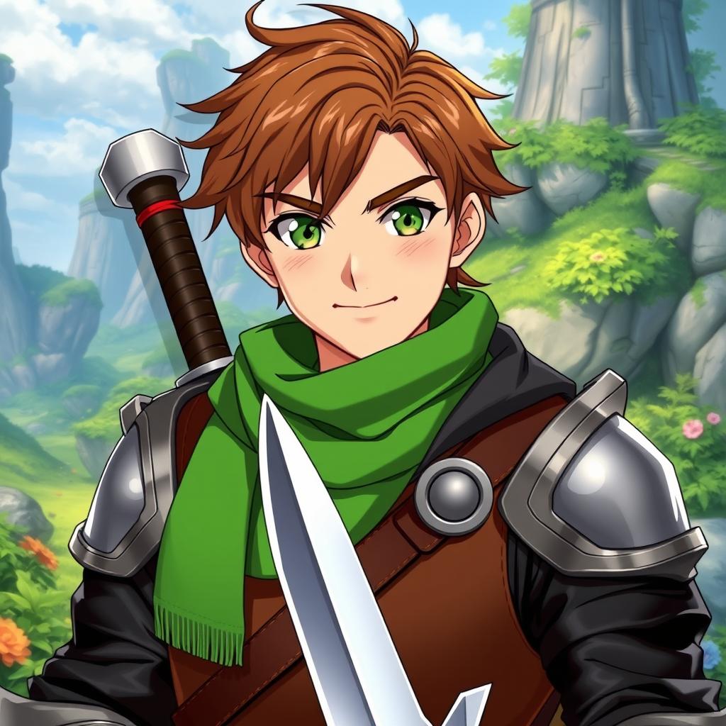 An anime-style fantasy fighter, portrayed as a male character with bright green eyes and warm brown hair, featuring a kind-looking black beard