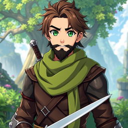 An anime-style fantasy fighter, portrayed as a male character with bright green eyes and warm brown hair, featuring a kind-looking black beard