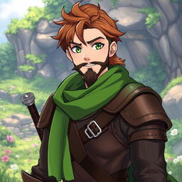 An anime-style fantasy fighter, portrayed as a male character with bright green eyes and warm brown hair, featuring a kind-looking black beard