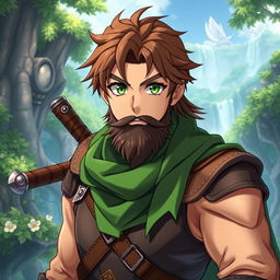 An anime-style fantasy fighter, portrayed as a male character with bright green eyes and warm brown hair, featuring a kind-looking black beard