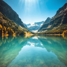 A serene landscape featuring a calm lake surrounded by majestic mountains under a clear blue sky
