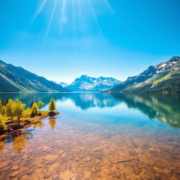 A serene landscape featuring a calm lake surrounded by majestic mountains under a clear blue sky