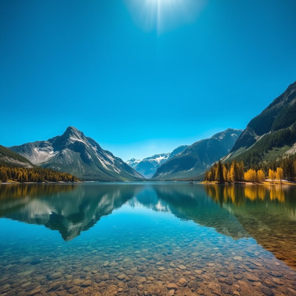 A serene landscape featuring a calm lake surrounded by majestic mountains under a clear blue sky
