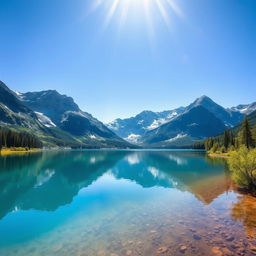 A serene landscape featuring a calm lake surrounded by majestic mountains under a clear blue sky