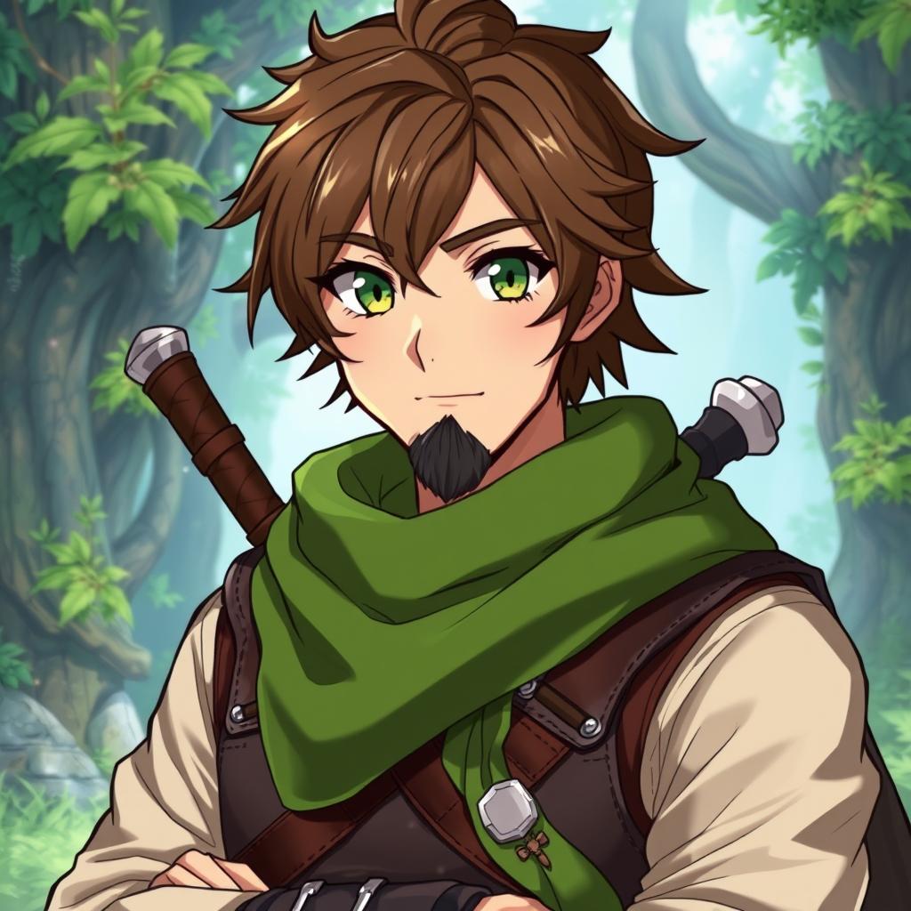 An anime-style fantasy fighter, a male character with captivating green eyes and warm brown hair, highlighted by a kind-looking black beard