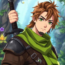 An anime-style fantasy fighter, a male character with captivating green eyes and warm brown hair, highlighted by a kind-looking black beard