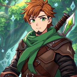 An anime-style fantasy fighter, a male character with captivating green eyes and warm brown hair, highlighted by a kind-looking black beard