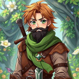 An anime-style fantasy fighter, a male character with captivating green eyes and warm brown hair, highlighted by a kind-looking black beard