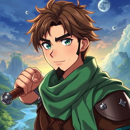 An anime-style fantasy fighter, depicted as a male character with captivating green eyes and rich brown hair