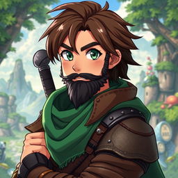 An anime-style fantasy fighter, depicted as a male character with captivating green eyes and rich brown hair