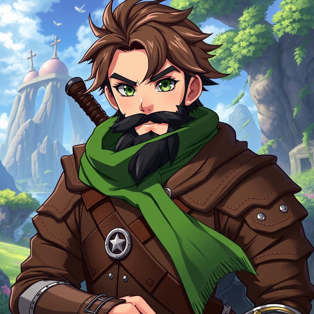 An anime-style fantasy fighter, depicted as a male character with captivating green eyes and rich brown hair
