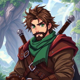 An anime-style fantasy fighter, depicted as a male character with captivating green eyes and rich brown hair