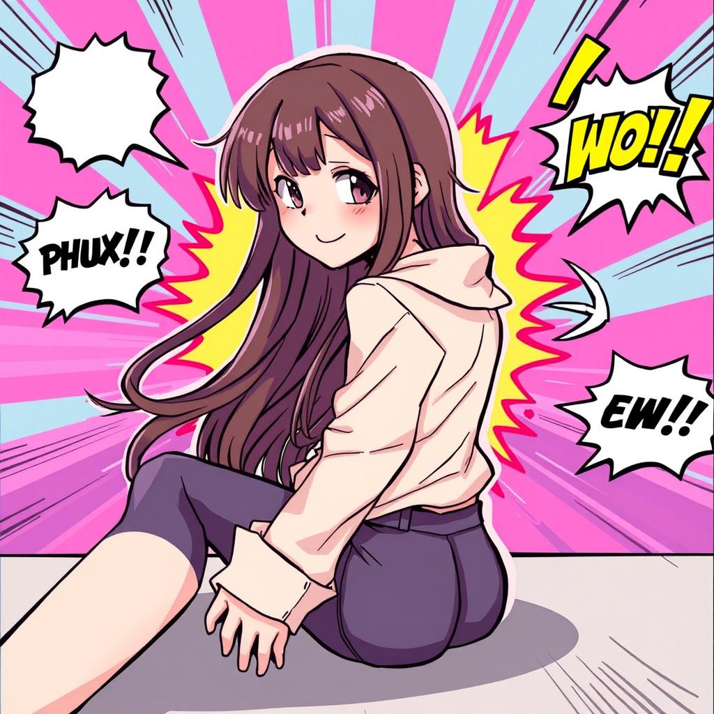 A girl sitting with her head turned to her right, depicted in a vibrant comic style