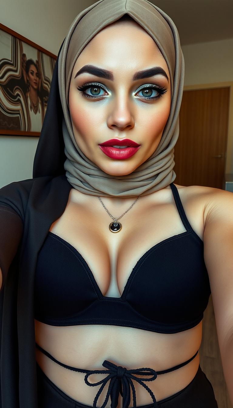 A close-up selfie of a 46-year-old Slavic secretary, showcasing her confidence and style
