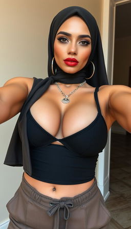 A close-up selfie of a 46-year-old Slavic secretary, showcasing her confidence and style