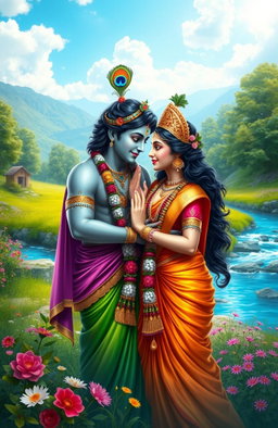A stunning digital painting of the Indian deities Radha and Krishna depicted as a loving couple in a picturesque natural setting