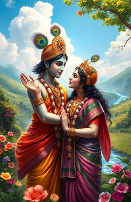 A stunning digital painting of the Indian deities Radha and Krishna depicted as a loving couple in a picturesque natural setting