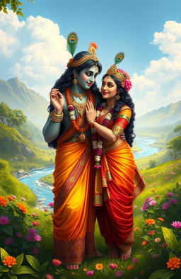 A stunning digital painting of the Indian deities Radha and Krishna depicted as a loving couple in a picturesque natural setting