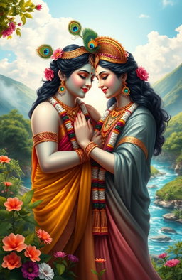 A stunning digital painting of the Indian deities Radha and Krishna depicted as a loving couple in a picturesque natural setting