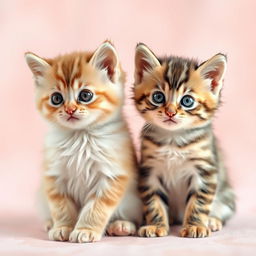 A cute kitten sitting on the left side with fluffy fur and bright eyes, resembling the kitten on the right