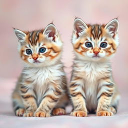 A cute kitten sitting on the left side with fluffy fur and bright eyes, resembling the kitten on the right