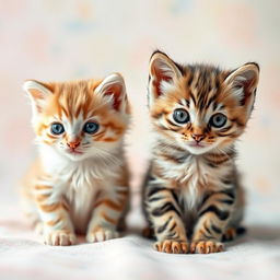 A cute kitten sitting on the left side with fluffy fur and bright eyes, resembling the kitten on the right