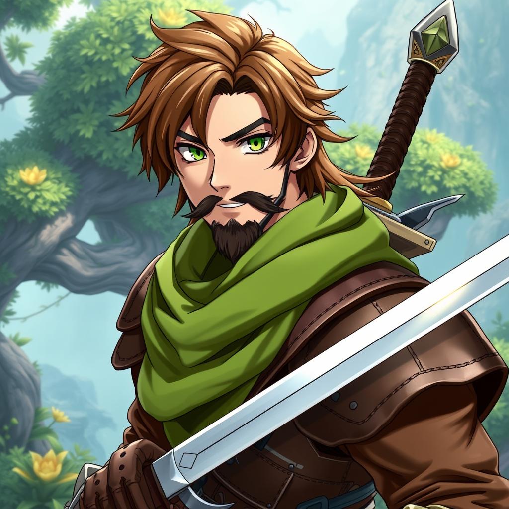 An anime-style fantasy fighter, depicted as a male character with striking green eyes and rich brown hair
