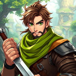 An anime-style fantasy fighter, depicted as a male character with striking green eyes and rich brown hair