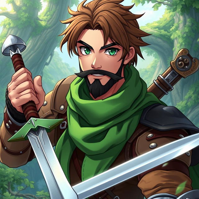 An anime-style fantasy fighter, depicted as a male character with striking green eyes and rich brown hair