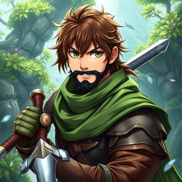 An anime-style fantasy fighter, depicted as a male character with striking green eyes and rich brown hair