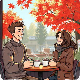 A colored sketch of a cozy coffee shop in Vancouver set against a stunning backdrop of autumn, adorned with vivid red maple trees whose leaves create a warm, colorful spectacle outside