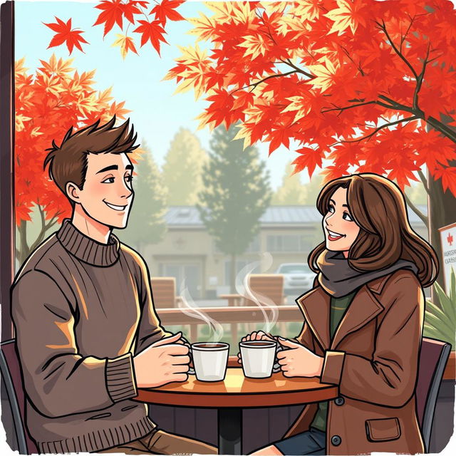 A colored sketch of a cozy coffee shop in Vancouver set against a stunning backdrop of autumn, adorned with vivid red maple trees whose leaves create a warm, colorful spectacle outside