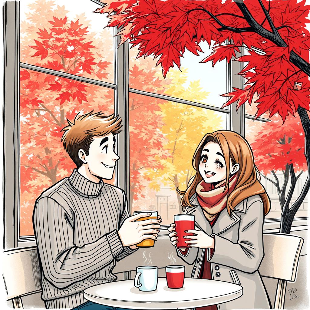 A colored sketch of a cozy coffee shop in Vancouver set against a stunning backdrop of autumn, adorned with vivid red maple trees whose leaves create a warm, colorful spectacle outside