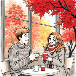 A colored sketch of a cozy coffee shop in Vancouver set against a stunning backdrop of autumn, adorned with vivid red maple trees whose leaves create a warm, colorful spectacle outside