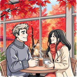 A colored sketch of a cozy coffee shop in Vancouver set against a stunning backdrop of autumn, adorned with vivid red maple trees whose leaves create a warm, colorful spectacle outside