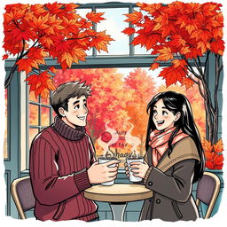 A colored sketch of a cozy coffee shop in Vancouver set against a stunning backdrop of autumn, adorned with vivid red maple trees whose leaves create a warm, colorful spectacle outside