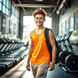 A teenage boy walking into a gym, looking excited and determined