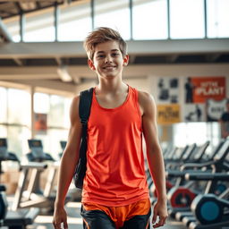 A teenage boy walking into a gym, looking excited and determined