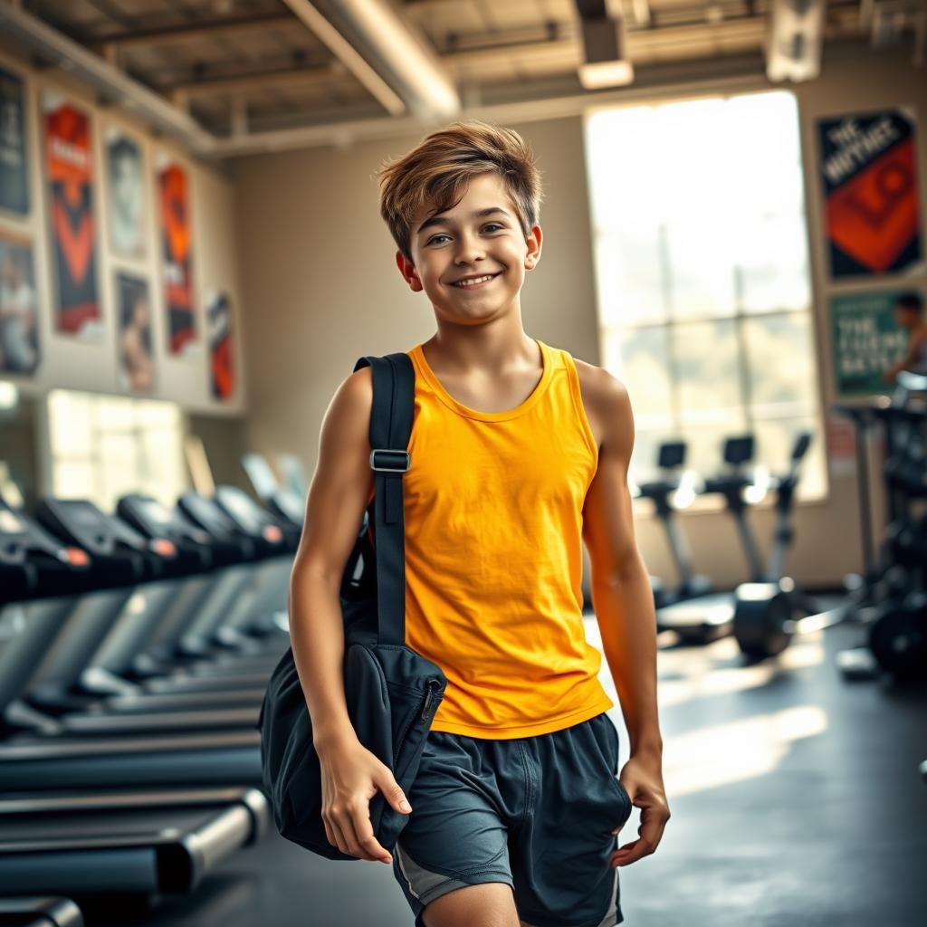 A teenage boy walking into a gym, looking excited and determined