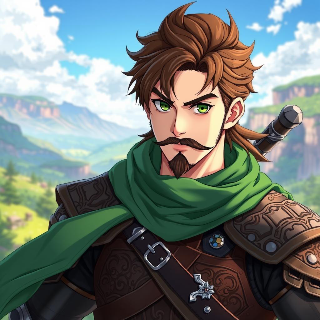 A kind-looking male anime fantasy fighter, featuring striking green eyes and brown hair, sporting a black chin strap style beard