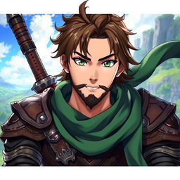 A kind-looking male anime fantasy fighter, featuring striking green eyes and brown hair, sporting a black chin strap style beard