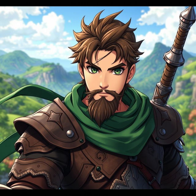 A kind-looking male anime fantasy fighter, featuring striking green eyes and brown hair, sporting a black chin strap style beard