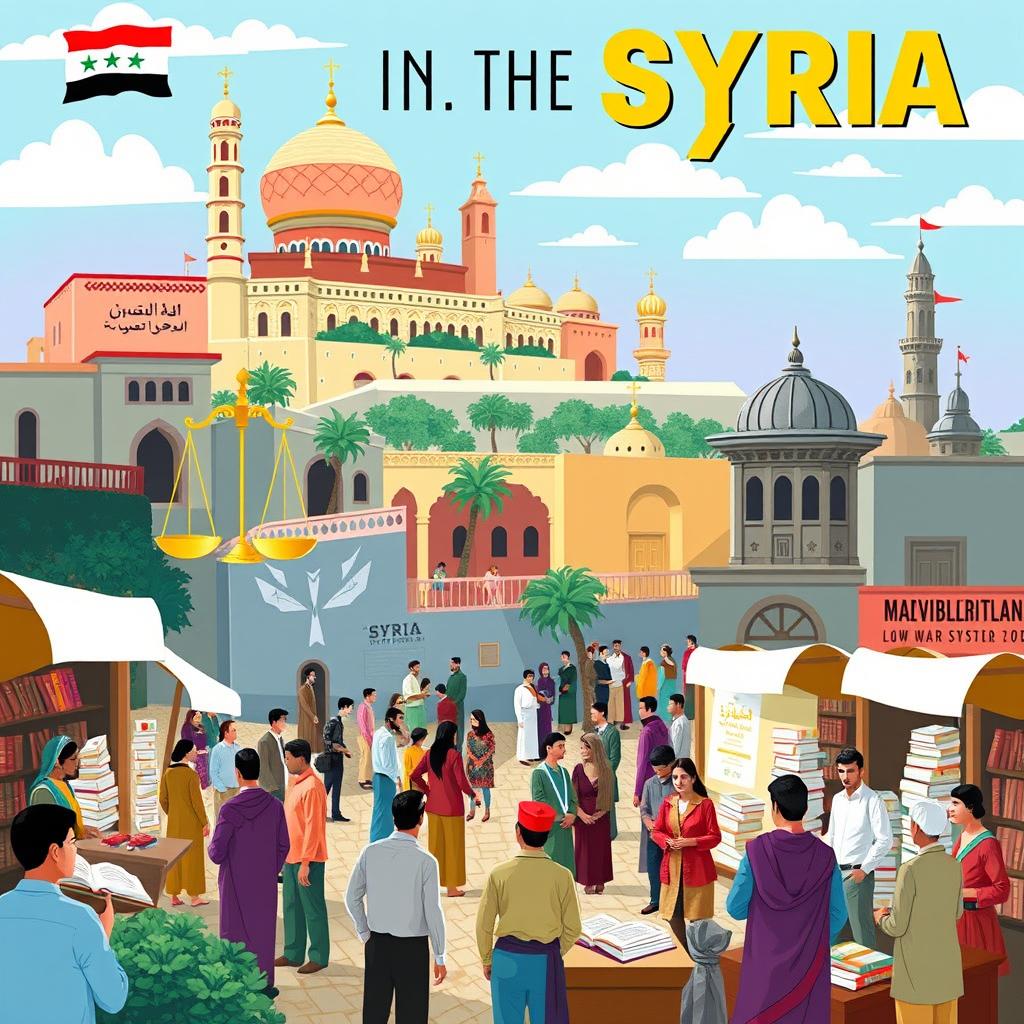 A vivid and informative illustration depicting the legal landscape of Syria, showcasing symbols of law such as scales of justice, traditional Syrian architecture in the background, and elements that represent the legal system like courts and law books