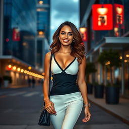 A stunning and confident woman standing in a fashionable urban setting, wearing a chic, form-fitting outfit that accentuates her figure