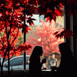 A captivating scene of a coffee shop in Vancouver during autumn, framed by striking red maple trees outside, their leaves creating a vibrant tapestry of fall colors