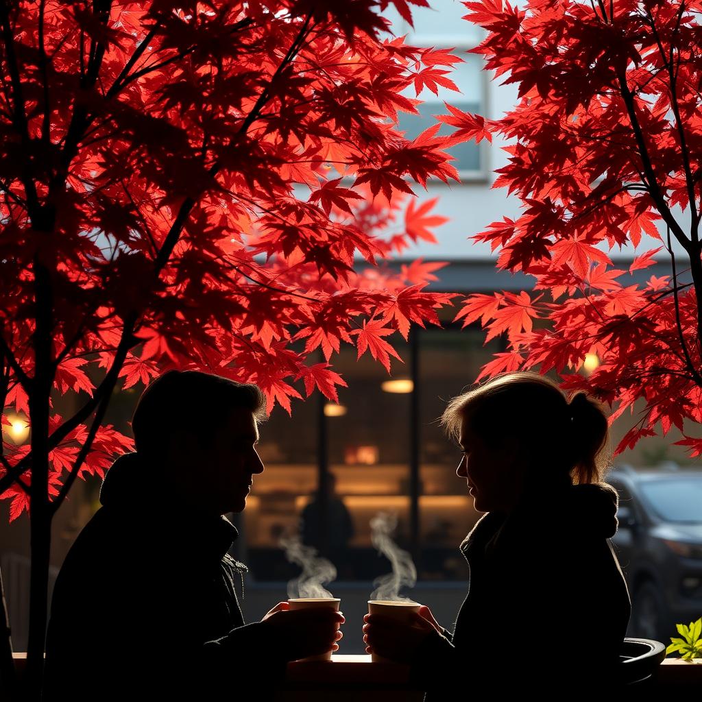 A captivating scene of a coffee shop in Vancouver during autumn, framed by striking red maple trees outside, their leaves creating a vibrant tapestry of fall colors