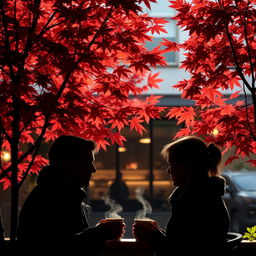 A captivating scene of a coffee shop in Vancouver during autumn, framed by striking red maple trees outside, their leaves creating a vibrant tapestry of fall colors