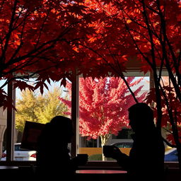 A captivating scene of a coffee shop in Vancouver during autumn, framed by striking red maple trees outside, their leaves creating a vibrant tapestry of fall colors